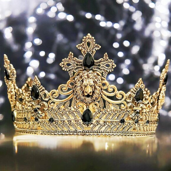 Vintage Lion King Crown, Black Crystal Crown for Groom, Prom Crown, Gold Crown - Picture 8 of 9